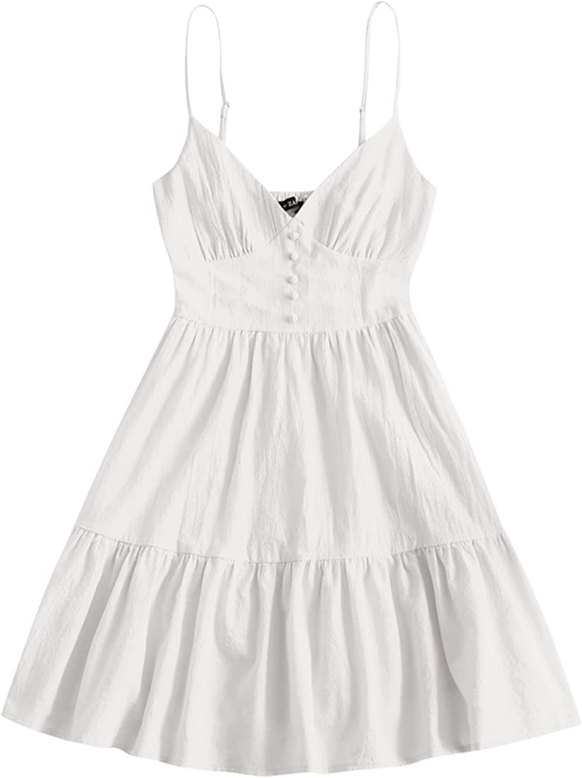 ZAFUL Women's Casual V Neck Summer Mini Dress Spaghetti Strap A-Line Short Dresses Backless Solid... | Amazon (US)