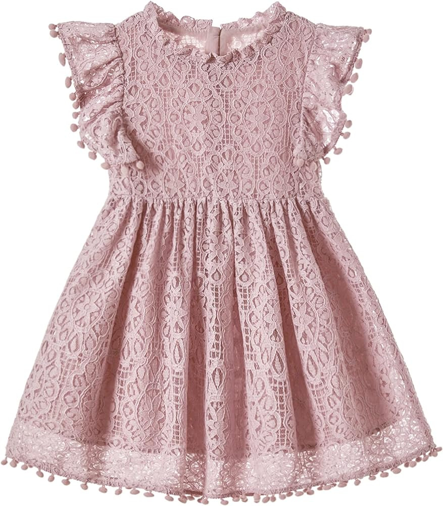 Niyage Toddler Girls Elegant Lace Pom Pom Flutter Sleeve Party Princess Dress | Amazon (US)