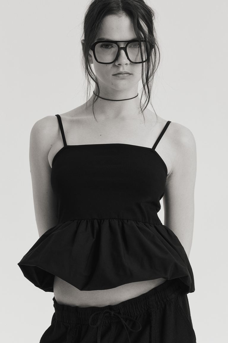 Bubble-hem Peplum Camisole Top - Square Neckline - Sleeveless - Black - Ladies | H&M US | H&M (US + CA)