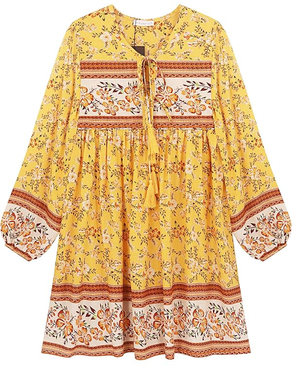 R.Vivimos Womens Long Sleeve Floral Casual Print Cotton Mini Tunic Dress | Amazon (US)
