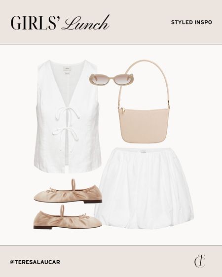 Outfit inspiration: girls’ lunch style, white skirt, ballet flats, white summer top

#LTKFindsUnder100 #LTKStyleTip