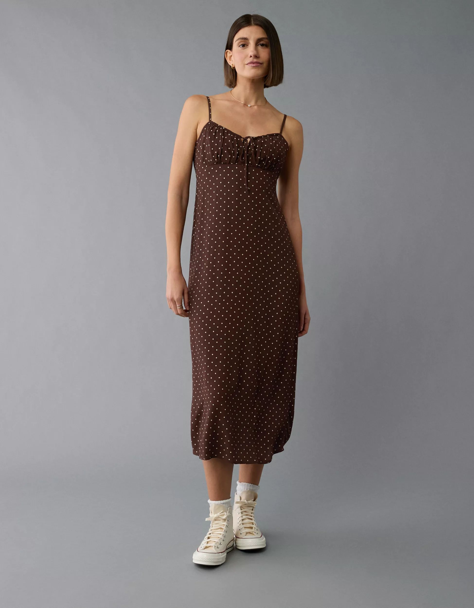 AE Ruched Slip Midi Dress | American Eagle Outfitters (US & CA)