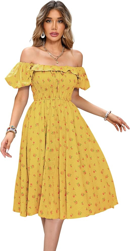 R.Vivimos Womens Summer Floral Print Puff Sleeves Vintage Ruffles Midi Dress | Amazon (US)
