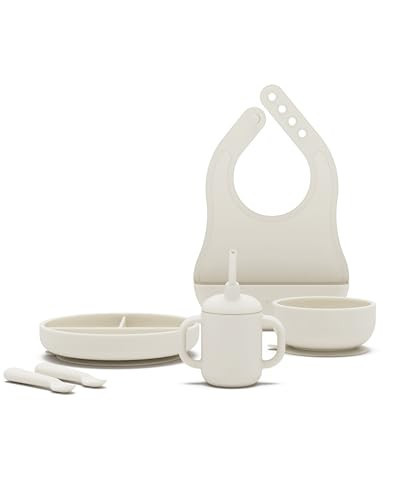 Lalo First Bites Silicone Baby Feeding Set - Baby Led Weaning Supplies - Non-Toxic Silicone - Includes 1 Bib, 2 Spoons, Training Cup, Suction Plate and Bowl - 6 Pieces - Oatmeal | Amazon (US)
