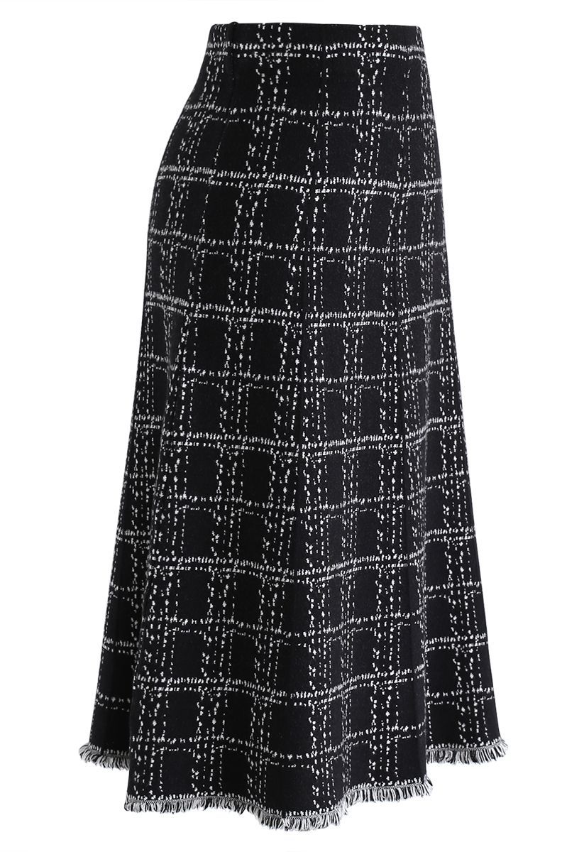 Check Tassel Hem Knit Midi Skirt in Black | Chicwish