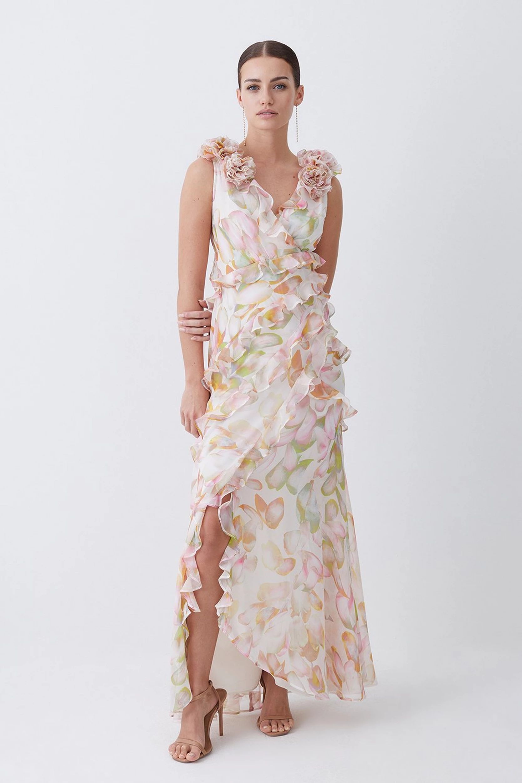 Petite Floral Chiffon Corsage Ruffle Slip Maxi Dress | Karen Millen US