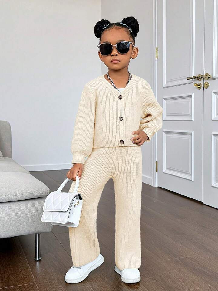 SHEIN Toddler Girls' Plain Single Breasted Leisure Flared Trousers & Long Sleeve Knitted Cardigan... | SHEIN