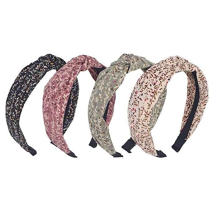 Amazon.com : 4Pcs Headbands for Women,Floral Pattern Knotted Wide Headbands Cross Knot Hair Bands... | Amazon (US)