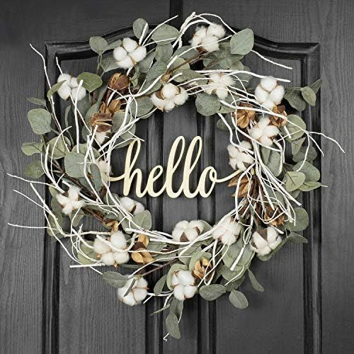 QUNWREATH Cotton Wreath for Front Door Winter Wreath Eucalyptus Wreath 20 Inch Handmade Hello Wreath | Amazon (US)