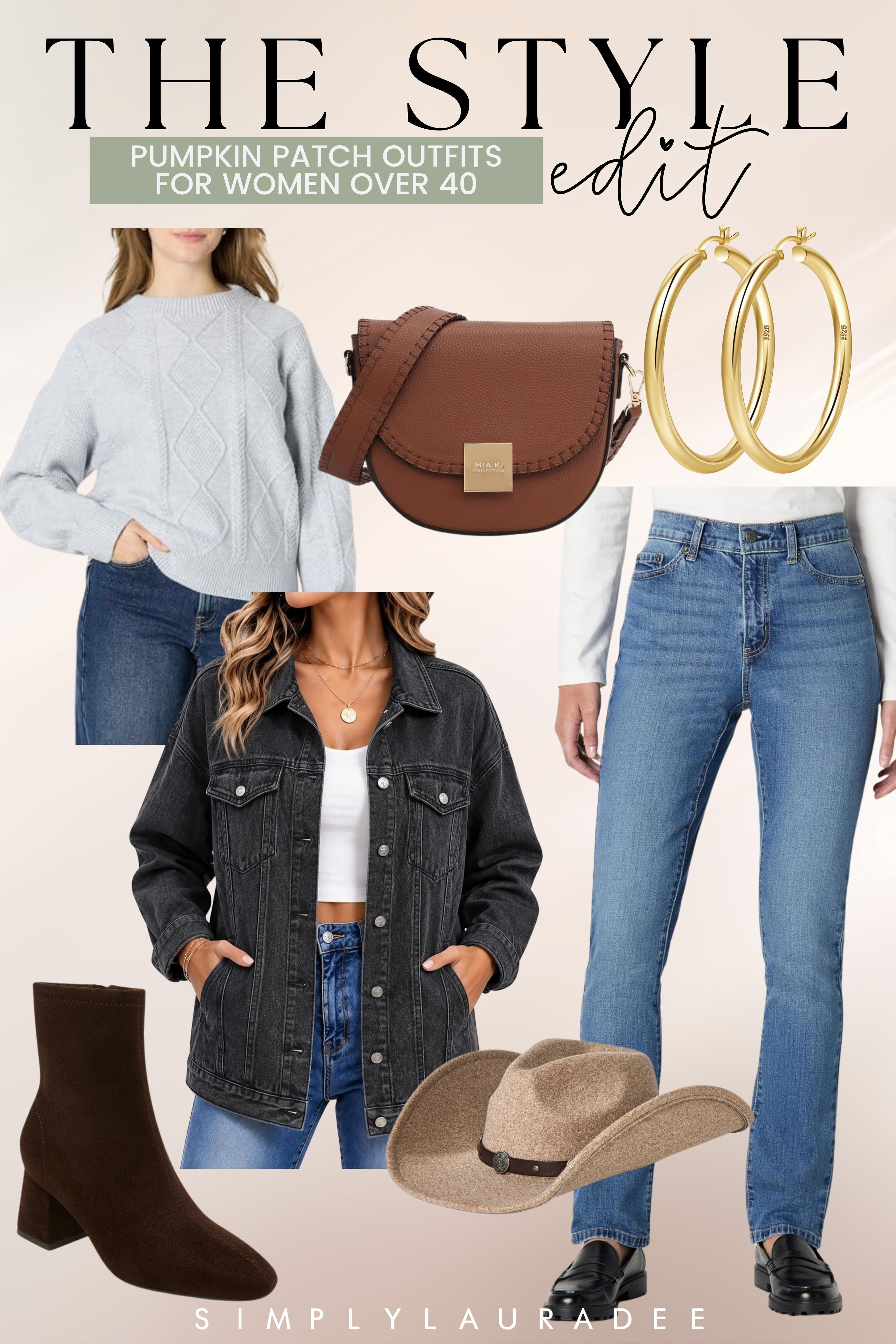 Easy fall pumpkin patch outfit ideas for women over 40, with a cozy cable sweater, dark denim, an oversized jean jacket, chocolate ankle boots and a felt hat. Shop the look at Amazon and Target. 

 #LTKSeasonal #LTKMidsize #LTKPlusSize