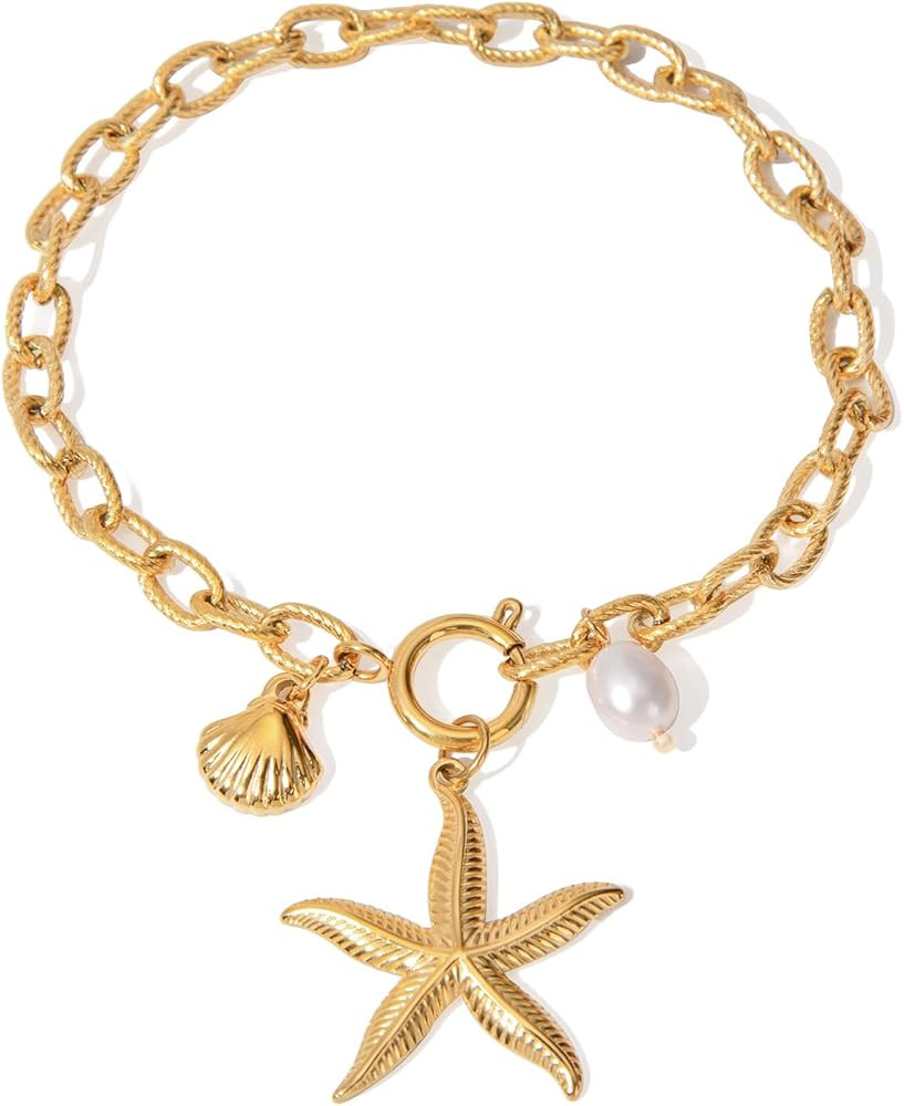 MUYAN Starfish Seashell Chain Bracelet for Women Trendy Beach Charm Bracelet Summer Jewelry | Amazon (US)