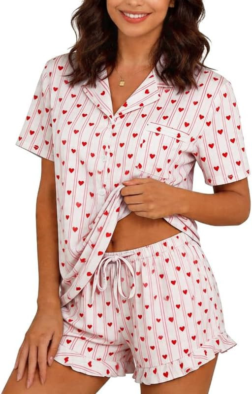 Marvmys Women Short Sleeve Pajamas Set Button Down 2 Piece Pjs Shorts Set Ruffle Lounge Set Sleep... | Amazon (US)