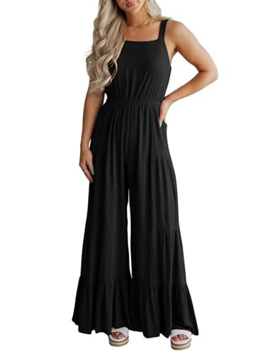 BLENCOT Jumpsuits For Women Casual Sleeveless Ruffle Wide Leg Rompers Dressy Flowy Summer Outfits Spring Boho Comfy Overalls Flare Loose Pant Black Small | Amazon (US)