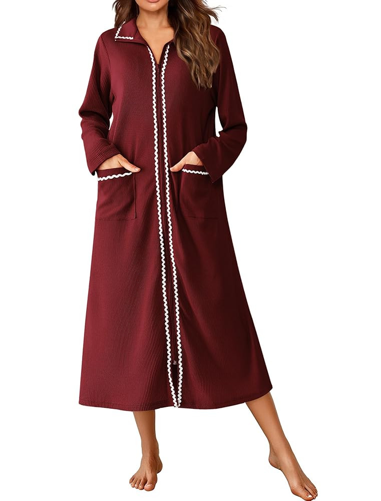 Ekouaer Zipper Robes for Women Long Waffle Knit Bathrobe Lightweight Long Sleeves Robe Soft Sleep... | Amazon (US)