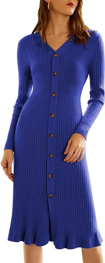 IFUROL Women's V Neck Knitted Dress Sexy Long Sleeved Button Sweater Dress Bodycon Party Maxi Dre... | Amazon (US)