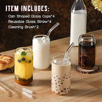 NETANY Drinking Glasses with Glass Straw 4pcs Set - 16oz Can Shaped Glass Cups, Beer Glasses, Ice... | Amazon (US)