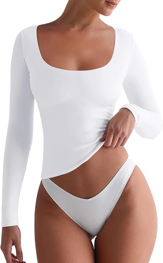 REORIA Womens Basic Square Neck Long Sleeve Shirts Double Lined Tops Tight Shirts Fall Outfits 20... | Amazon (US)