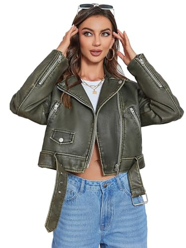 LY VAREY LIN Women Faux Leather Cropped Jacket Lapel Zipper Biker Short Coat with Belt | Amazon (US)