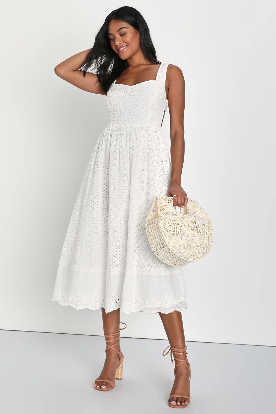 Charismatic Vibe White Eyelet Embroidered Lace-Up Midi Dress | Lulus (US)