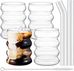 Tessco 4 Pcs Creative Glass Cups Vintage Drinking Glasses Ribbed Glassware Aesthetic Cups Enterta... | Amazon (US)