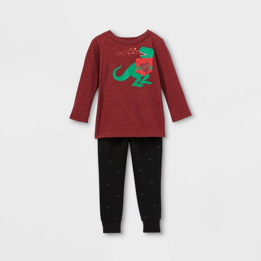 Toddler Boys' Valentine's Day Dino Knit Fleece Long Sleeve Top & Bottom Set - Cat & Jack Maroon/Blac | Target