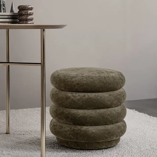 Round Green Velvet Vanity Stool in Piled-up Design | Homary