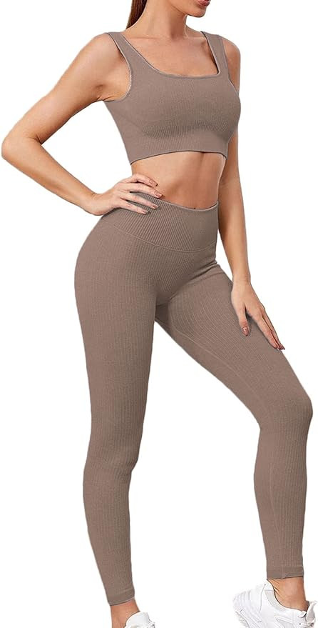 Gym Sets for Women 2 Piece Seamless Workout High Waist Ribbed Leggings Women's Tracksuits Activew... | Amazon (UK)