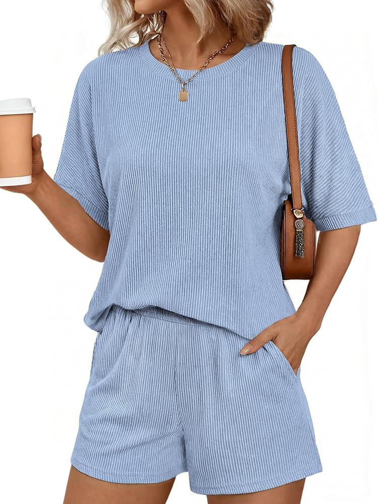 Ekouaer Women 2 Piece Lounge Set 2026 Summer Cruise Outfits Ribbed Loose Short Sleeve Matching Se... | Amazon (US)