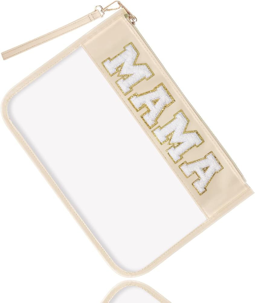 Chenille Letter Clear Bag Mama Purse Pouch, Monogram PVC & PU Clear Zipper Pouch with Wristlet, W... | Amazon (US)