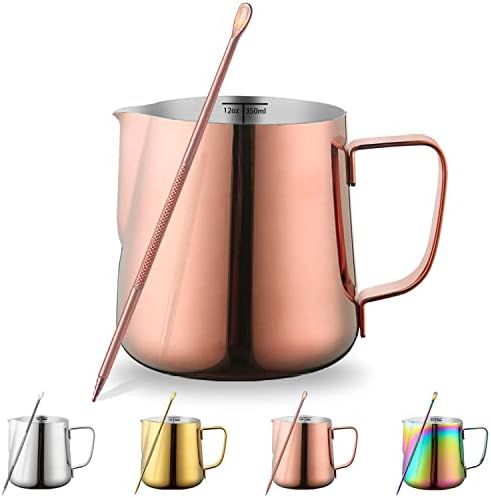 Milk Frothing Pitcher 12oz - 350ml, Kyraton Stainless Steel Espresso Steaming Pitchers with Decorati | Amazon (US)