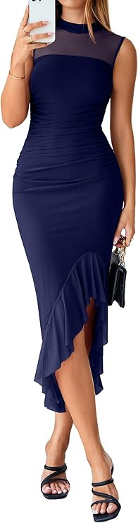 Simplee Women's 2026 Summer Bodycon Midi Dresses Sexy Sleeveless Mesh Ruffle Hem Mermaid Tail Coc... | Amazon (US)