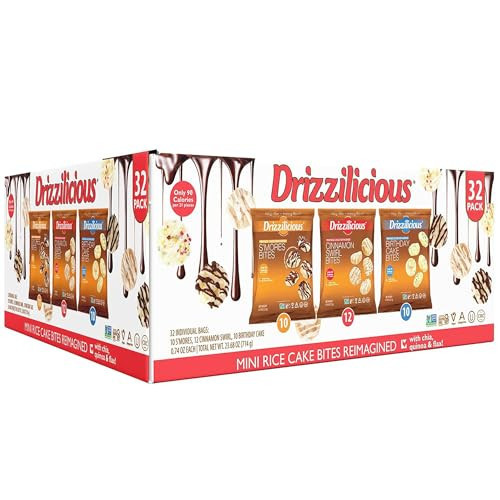 Drizzilicious Mini Rice Cakes Variety Pack - Rice Crisps, Healthy Snack for Adults and Kids, Flavored Rice Cakes, Vegan, Gluten Free, Allergen Free, Only 90 Calories Per Bag - .74 oz (Pack of 32) | Amazon (US)