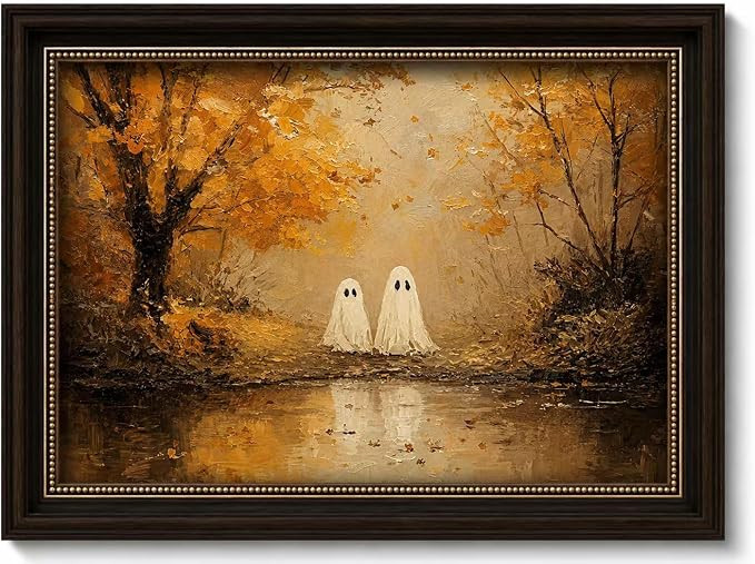 Camgariydan Vintage Dark Brown Framed Wall Art, Spooky Cute Halloween Ghost Canvas Picture, Moody... | Amazon (US)