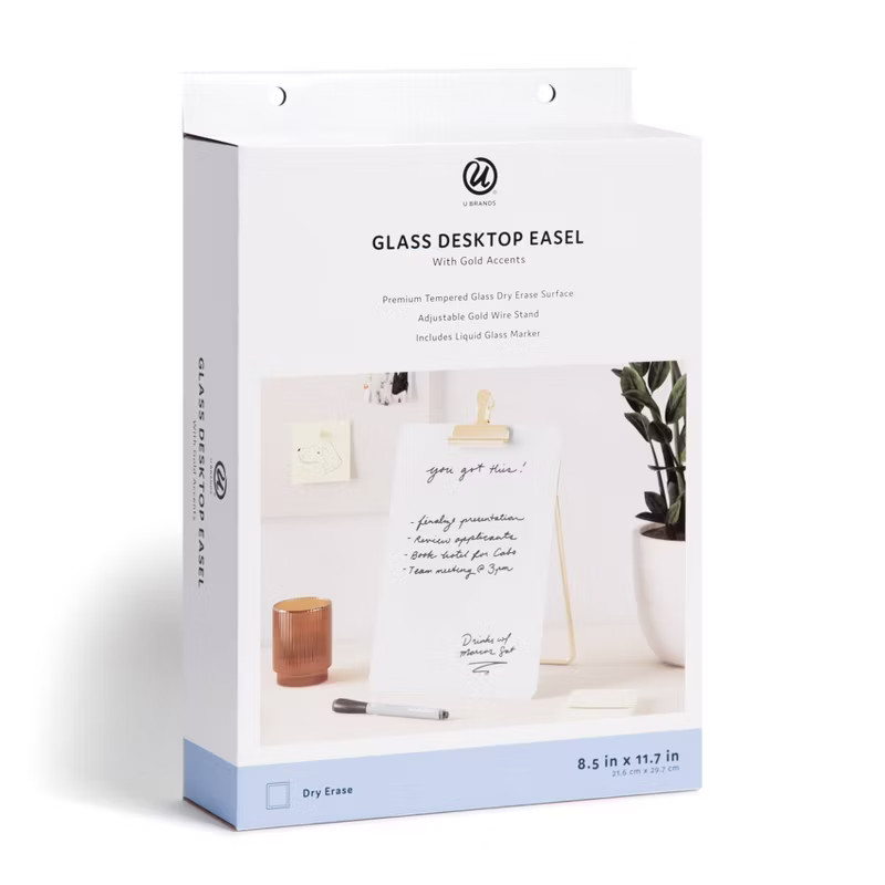U Brands 8.5"x11.7" Adjustable Glass Desktop Easel with Gold Accents and Marker | Target