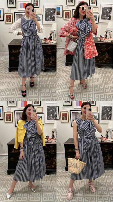 My MAE X Val bow dress styled 4 ways ❤️🎀 Striped dress runs true- I’m wearing the size 4 & the fabric has stretch. Yellow jacket runs true- I’m wearing the size 6. Pink Prada Monolith fisherman sandals run true- if a 1/2 size go up. 