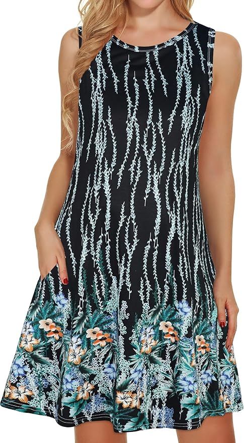 Summer Dresses for Women Beach Floral Tshirt Sundress Sleeveless Pockets Casual Loose Tank Dress | Amazon (US)