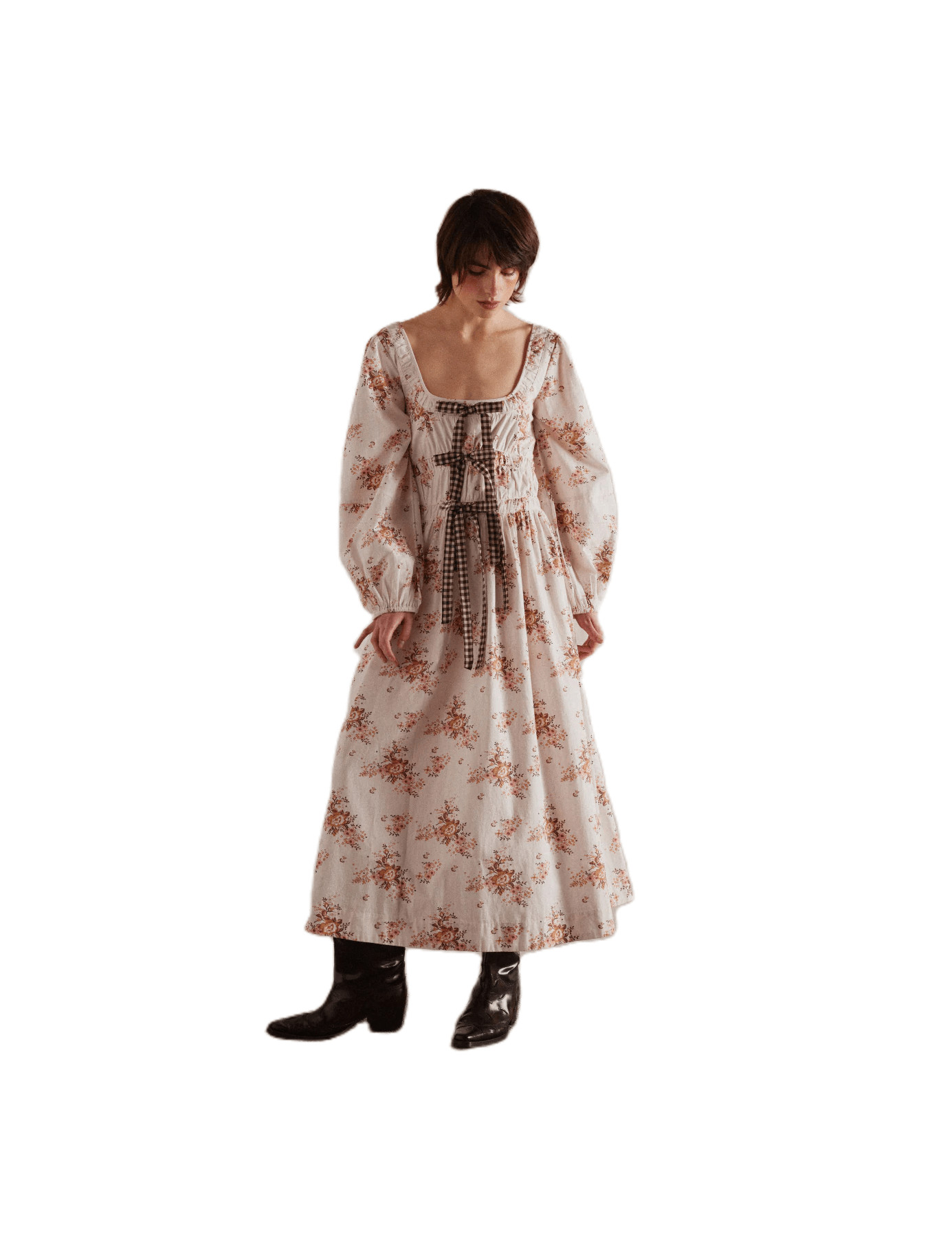 Women's Bow Plaid Dress Long Sleeve U-Neck Spring Autumn Dress | SHEIN