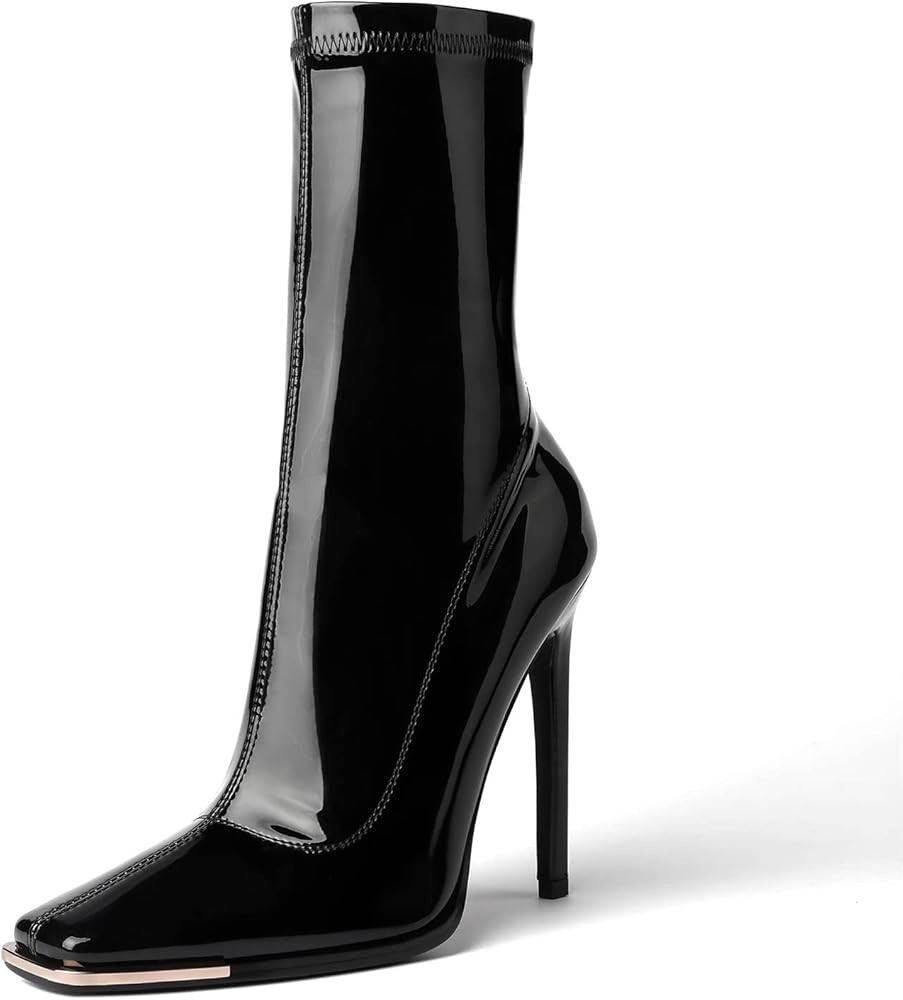 Reitoye Women's Mid Calf Boots Comfy Square Closed Toe Stiletto High Heel Boot Zipper Short Ankle Bo | Amazon (US)