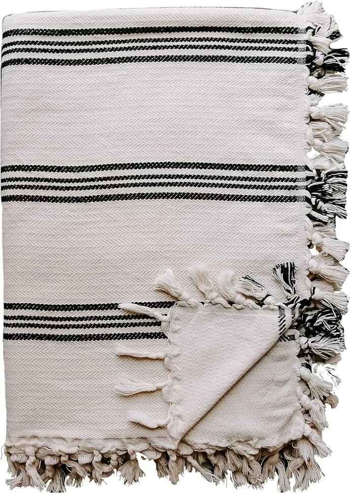 Sweet Water Decor Turkish Cotton Throw Blankets | Large Size 65 x 85 | Cream with Black Decorativ... | Amazon (US)