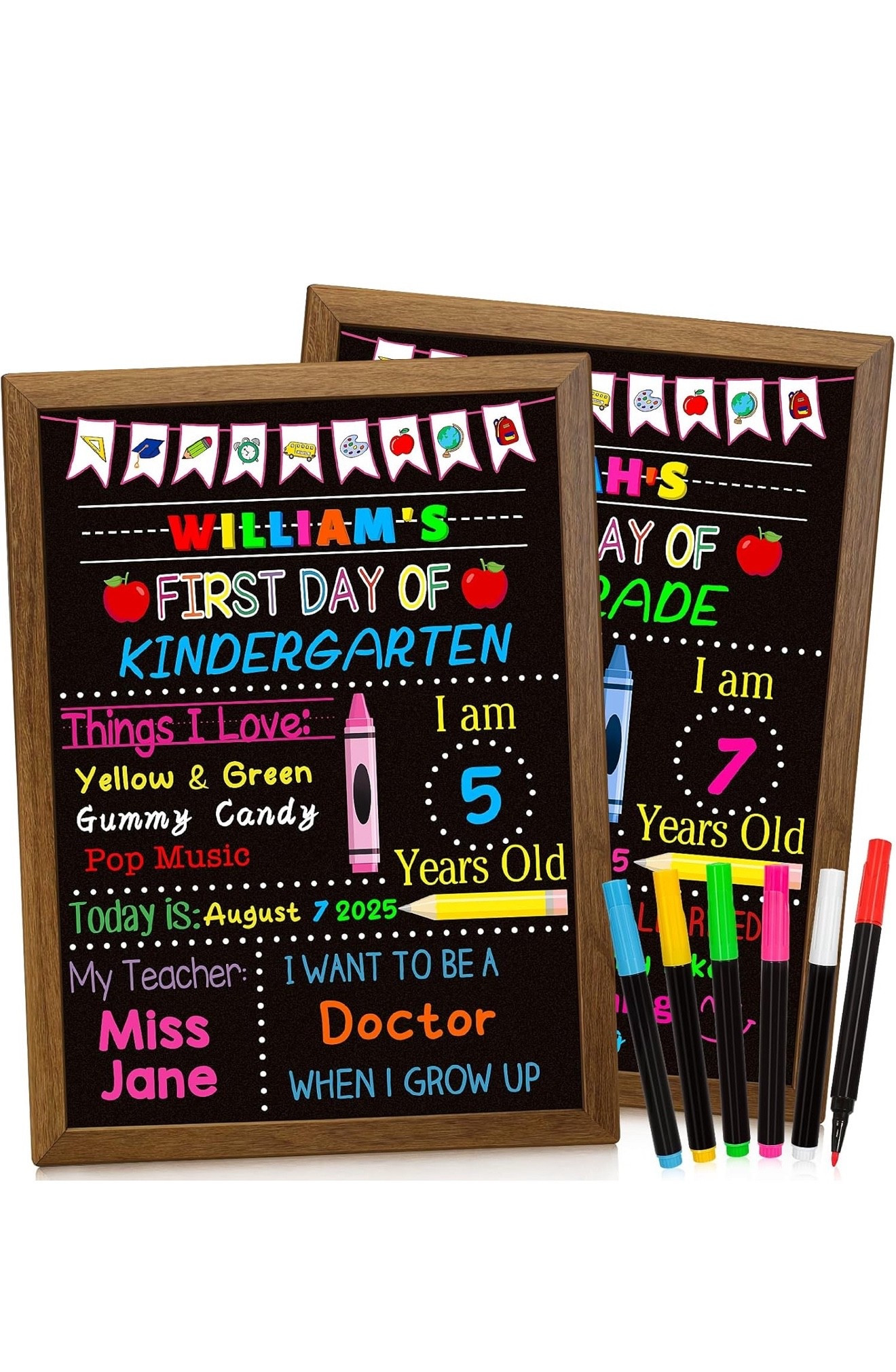 First and Last Day of School Board Sign, 14×11 Inch Double-Sided Chalkboard with 6 Colorful Markers, 1st day of kindergarten Sign, Reusable Preschool Board, Back to School Kindergarten Supplies
