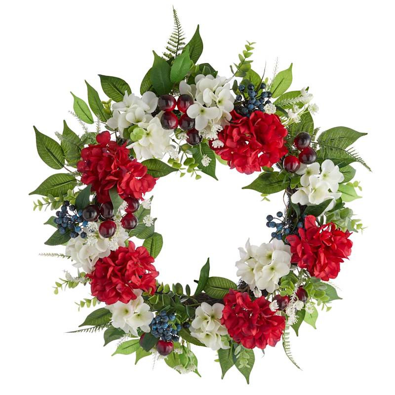 Red, White & Blue Hydrangea with Berries Wreath, 22" | At Home