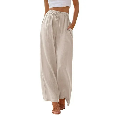TEMOFON Pants for Women Wide Leg Linen Pant Casual Palazzo Summer Flowy Pants with Pocket Apricot Drawstring Comfy Loose Lounge Pants M | Walmart (US)