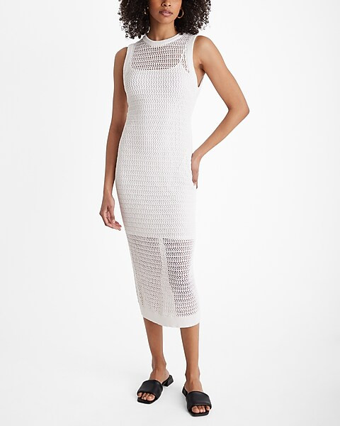 Linen-blend Crochet High Neck Sleeveless Midi Dress | Express
