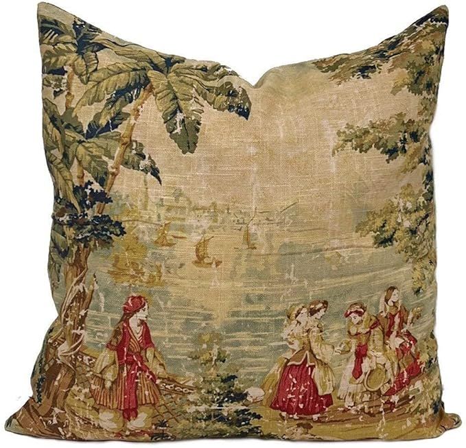 WengBeauty Cotton Linen Bosporus Vintage Toile Throw Pillow Cover, Cushion Cover, Antique Red Hom... | Amazon (US)
