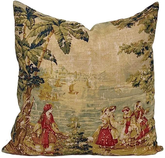 WengBeauty Cotton Linen Bosporus Vintage Toile Throw Pillow Cover, Cushion Cover, Antique Red Hom... | Amazon (US)