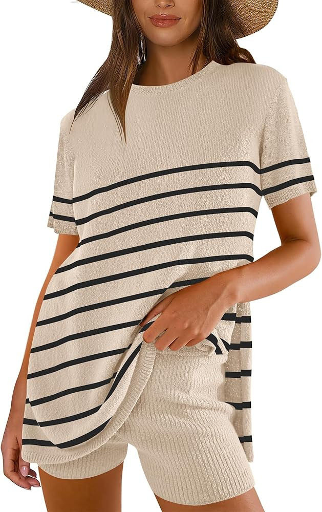 ANRABESS Women Summer 2 Piece Outfits Knit Short Sets Casual Sweater Top & Shorts Matching Lounge... | Amazon (US)