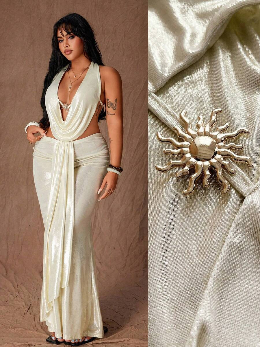 Rustia Sexy Party Backless Pearl Shell Pendant Bodycon Mermaid Skirt 2 Pieces Set For Women | SHEIN