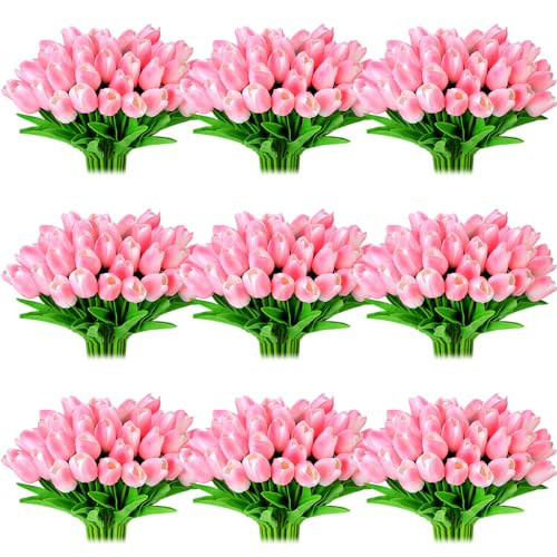 Jexine 100 Pcs Artificial Real Touch Tulips Fake Artificial Tulip Flower Bulk Bouquet with Stem for Table Centerpieces Wedding Bridal Easter Mother's Day Garden Home Decor, 13.4''(Pink) | Amazon (US)