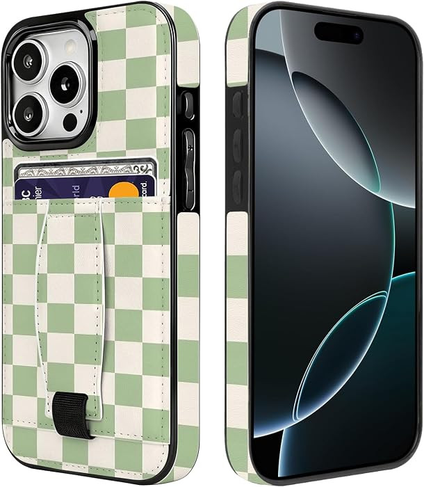 for iPhone 16 Pro Case Wallet with Card Holder Loop Green Checkered | Amazon (US)