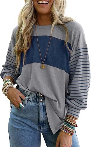 Dokotoo Long Sleeve Fall Tops Oversized 2024 Trendy Round Crew Neck Casual Color Block Womens Shi... | Amazon (US)